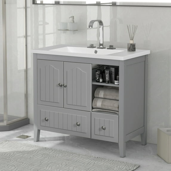 Bathroom Vanity with Sink, Bathroom Cabinet with Doors and Shelf, Wood Cabinet Basin Vessel Sink Set,Solid Wood Frame, Ceramic Sink, Faucet not Included (Grey 36")