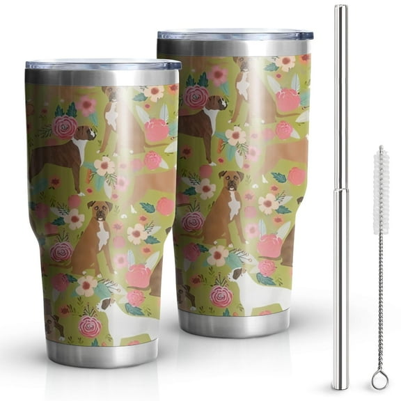 30oz Cute Boxer Dog and Flowers Florals Tumblers Stainless Steel Tumbler with Lid and Straw,Vacuum Insulated Double Wall Travel Tumbler Cups Mug with Cleaning Brush for Coffee,Tea