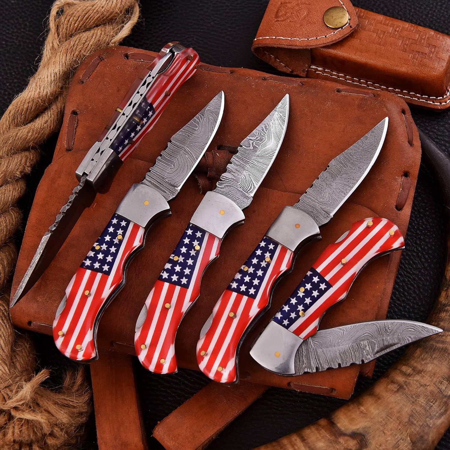 Custom Handmade Damascus Steel Folding Knife/Pocket Knife SS-17515 5 Pcs. Lot (Red and Blue Colored Resin)