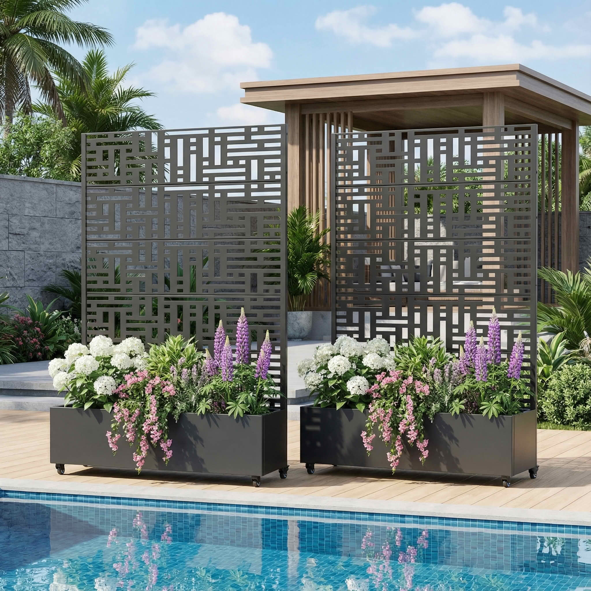 MAYEERTY 72X47" Metal Outdoor Black Privacy Screen with Planter Box for Backyard & Garden, 5 Piece Set, Double‑sided Installation