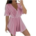 thumbnail image 2 of Mqqzkk Womens Wrap V Neck Romper Short Sleeve Casual Outfits Pleat Ruffle Overall Shorts Jumpsuits Trendy Rompers, 2 of 9