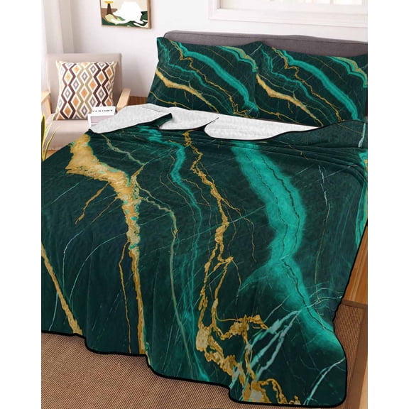 Marble Green Twin Size Down Alternative Comforter, Lightweight Comforter Quilt Bedding Set with Pillow Shams Retro Abstract Ombre Gold Nature Cracks All Seasons Bed Comforter Duvet Insert 68"x86"