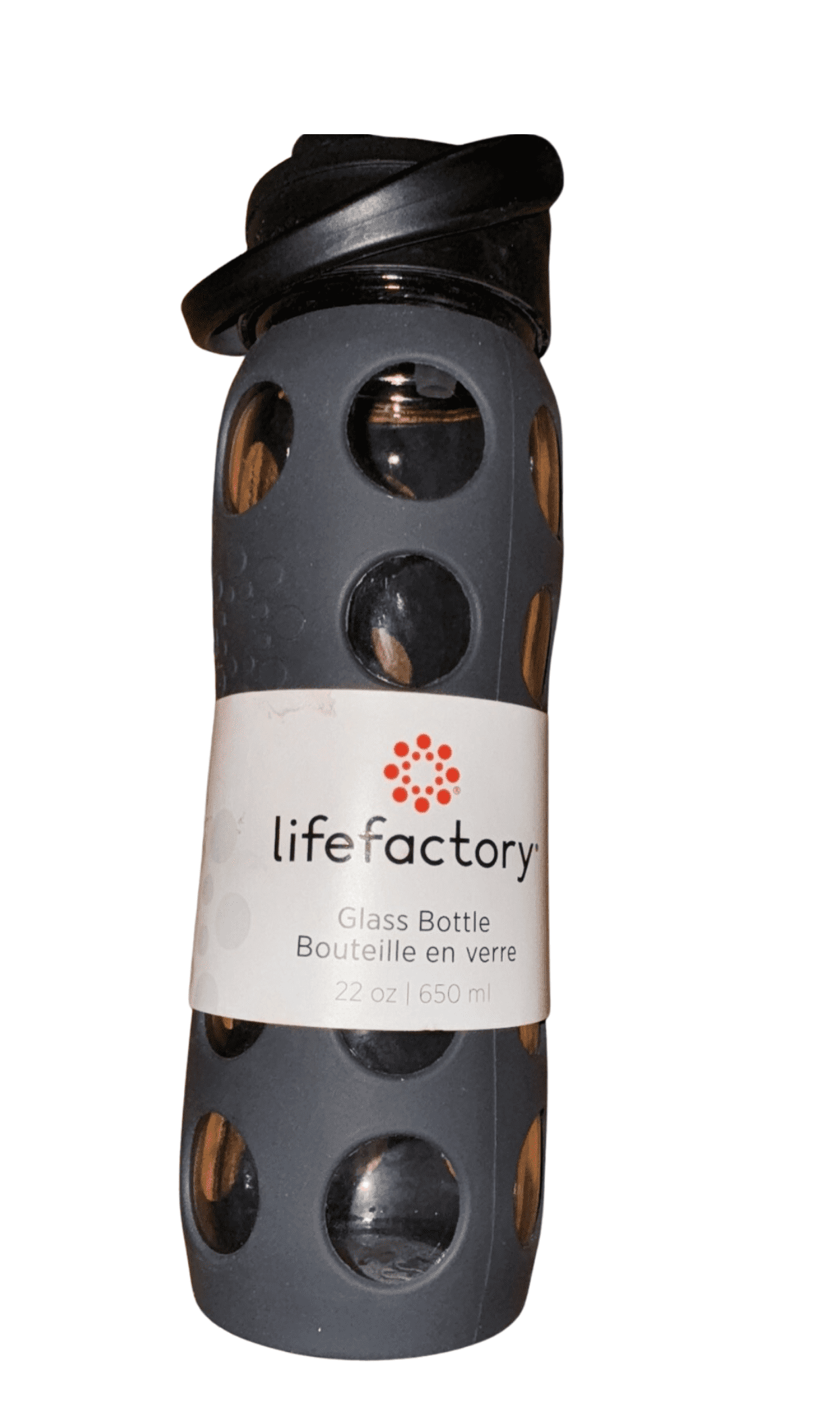 Lifefactory 22 oz Glass Water Bottle Onyx Flip Straw Lid Silicone Sleeve Black