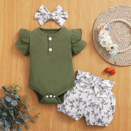 

BadyminCSL Infant Toddler Baby Girl Matching Outfits Short Sleeve Floral Shorts Bow Headband Sister Clothes