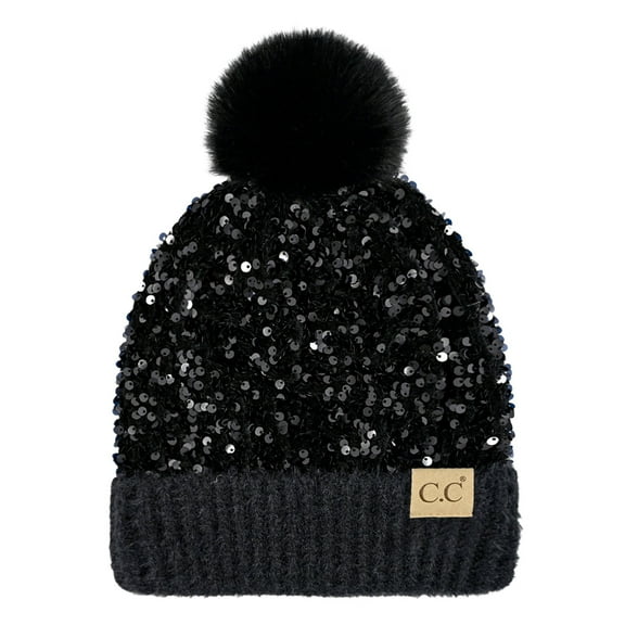 CC Kids Sequin Plush Pom Beanie - Soft, Warm Hats for Babies and Toddlers - Cozy Winter Wear
