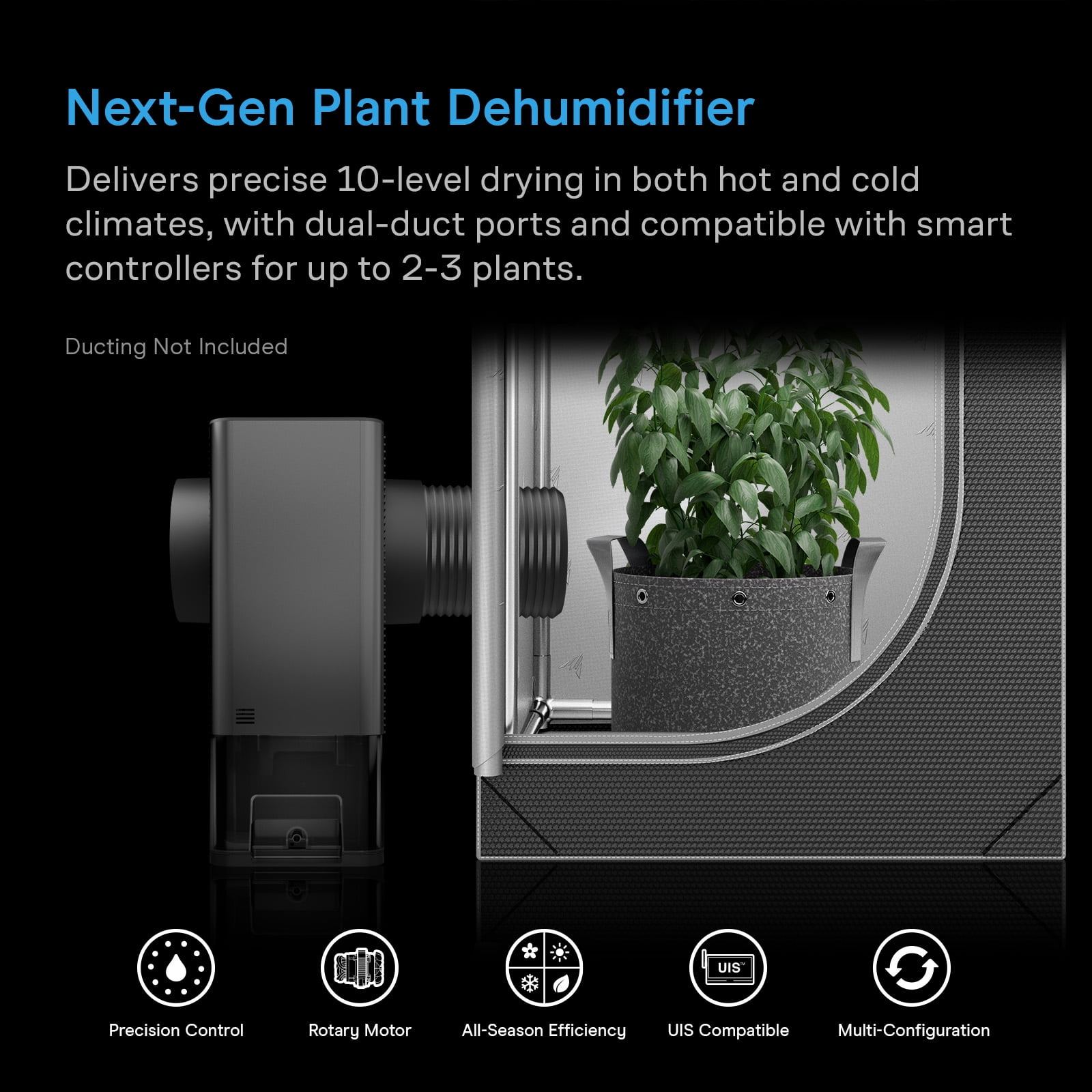 AC Infinity HYDRONE 5, Precision Plant Dehumidifier, 10 Distinct Drying Levels, PWM Rotary Motor, Effective in Extreme Hot/Cold Environments, Dual Duct Ports, up to 2-3 Plants in Grow Tents
