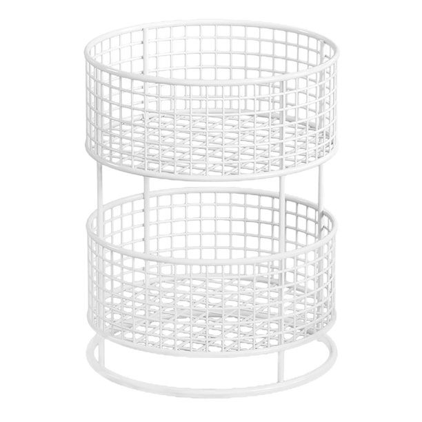 Cesta Organizadora Metálica con Diseño de Doble Capa para Almacenamiento Eficiente en Cocina Incluye Cesta para Frutas Soporte Organizador de Malla y blanco
