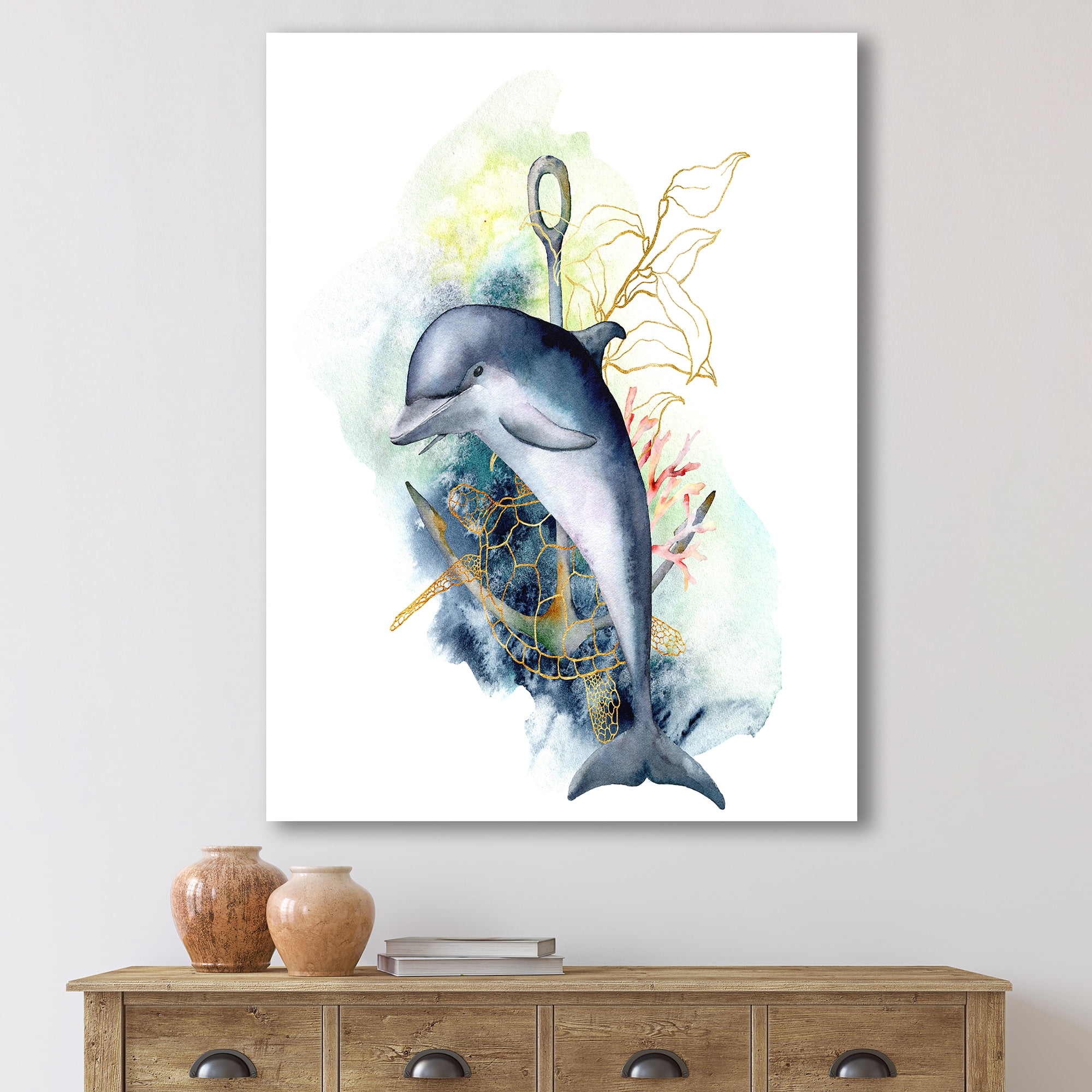 Designart ' Linear Coral Reef Plants and Dolphin Turtle Anchor ' Nautical & Coastal Canvas Wall Art Print