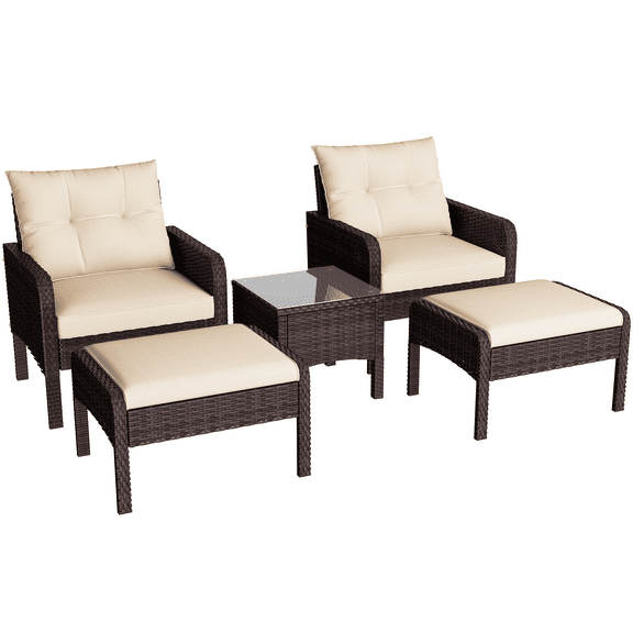 AECOJOY 5 Piece Patio Furniture Set Rattan Wicker Chair with Table Ottoman Patio Conversation Set for Porch in Beige