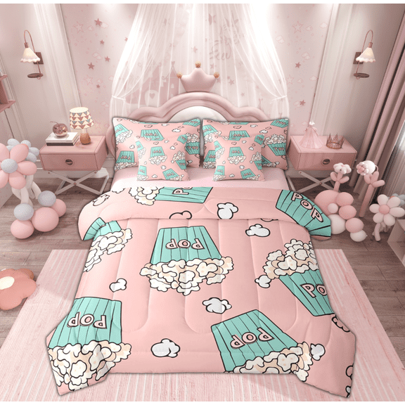 Feelyou Pink Cartoon Popcorn Twin Bedding Sets 7-Piece for Kids, Movie Lover Bedding Comforter Set, Retro Film Cinema Reversible Sheet Sets, Ultra Soft Home Decor