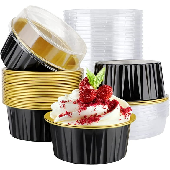 Mini Cheesecake Containers, 30pcs 5oz Disposable Aluminum Foil Cupcake Liners Ramekins Baking Cups, Dessert Cups with Lids Mini Aluminum Cheesecake Pan Creme Brulee Ramekins- Black&Gold