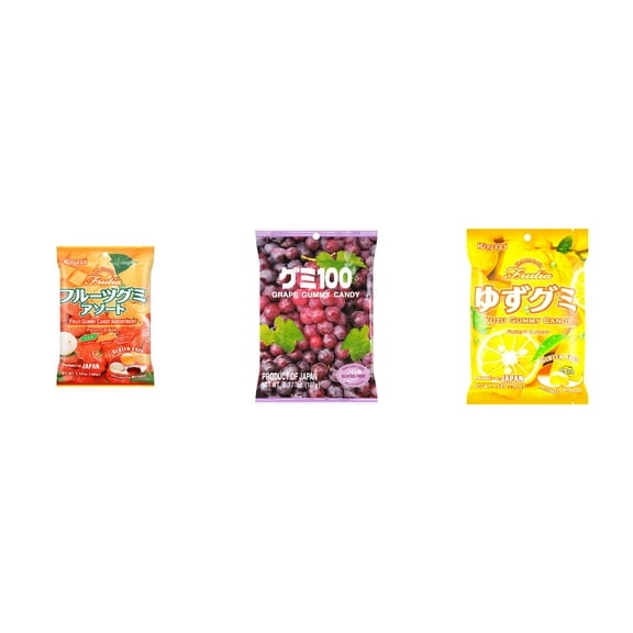 3 Pack Kasugai Gummy Candies, Made in Japan, Gluten Free, Mix 3 Flavor (Assortment,Grape Frutia,Yuzu) Plus NineChef Brand Long Handle Coffee Spoon