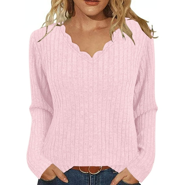 Sweaters for Women Ribbed Wave V Neck Slim Fitted Comfy Knit Casual Work Long Sleeve Shirts