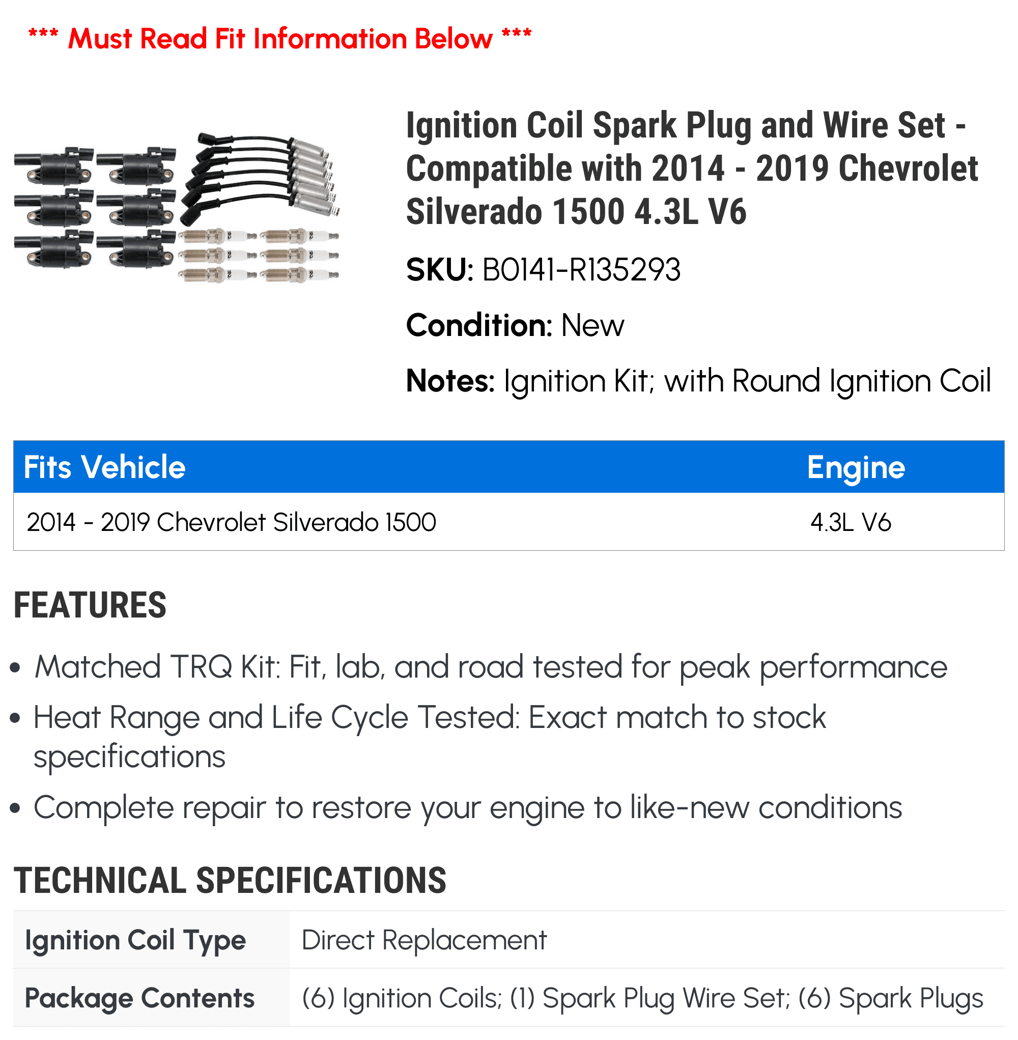 Ignition Coil Spark Plug and Wire Set - Compatible with 2014 - 2019 Chevy Silverado 1500 4.3L V6 2015 2016 2017 2018