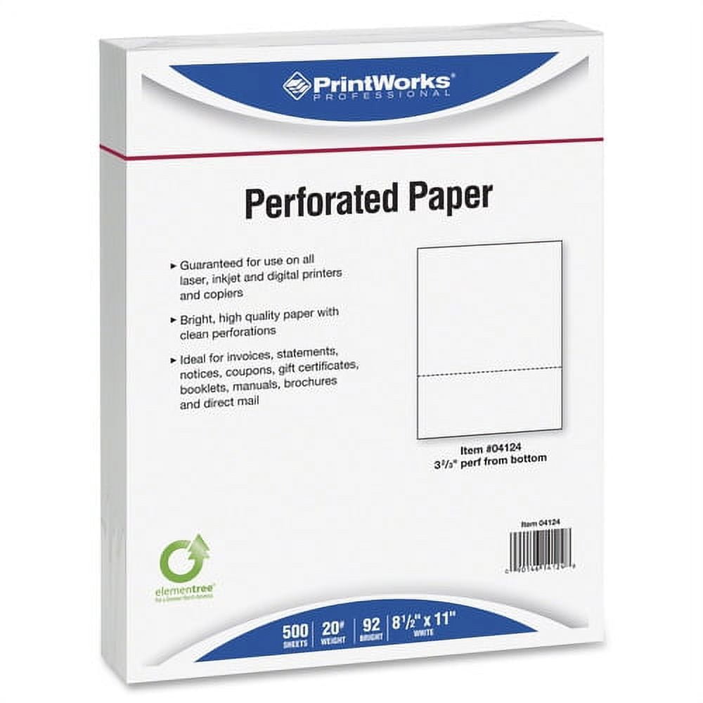 PrintWorks Professional Perforated Paper 8.5 x 11 inches 500 Sheets per Ream, White (04124)