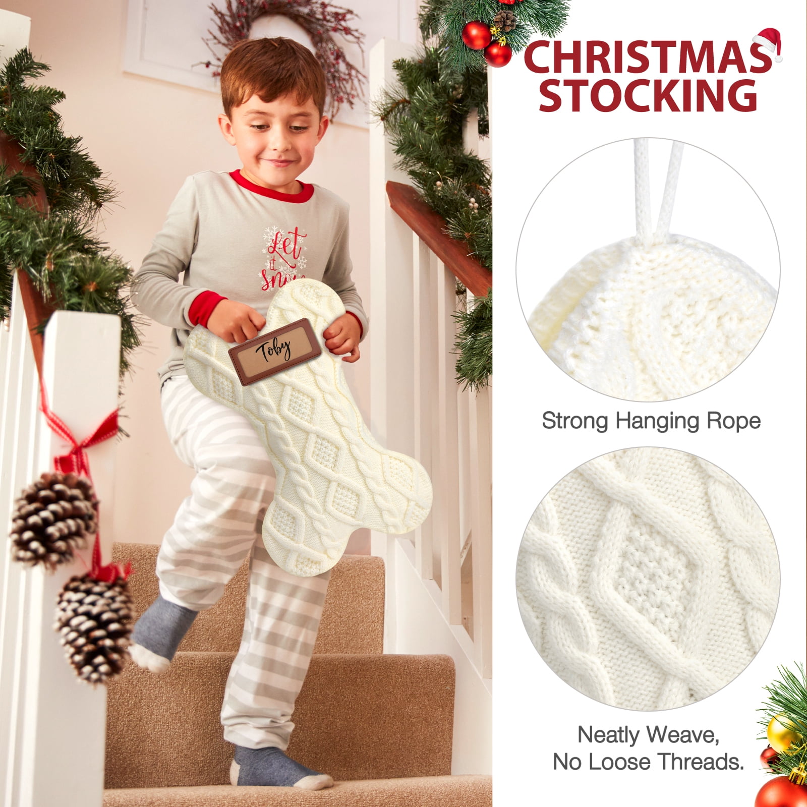 Ayieyill 3pcs 18 Inch Dog Christmas Stocking, Knit White Christmas Stocking for Dogs, Diamond Shape Dog Stocking Christmas Large Pet Stockings Hanging Dog Christmas Stocking