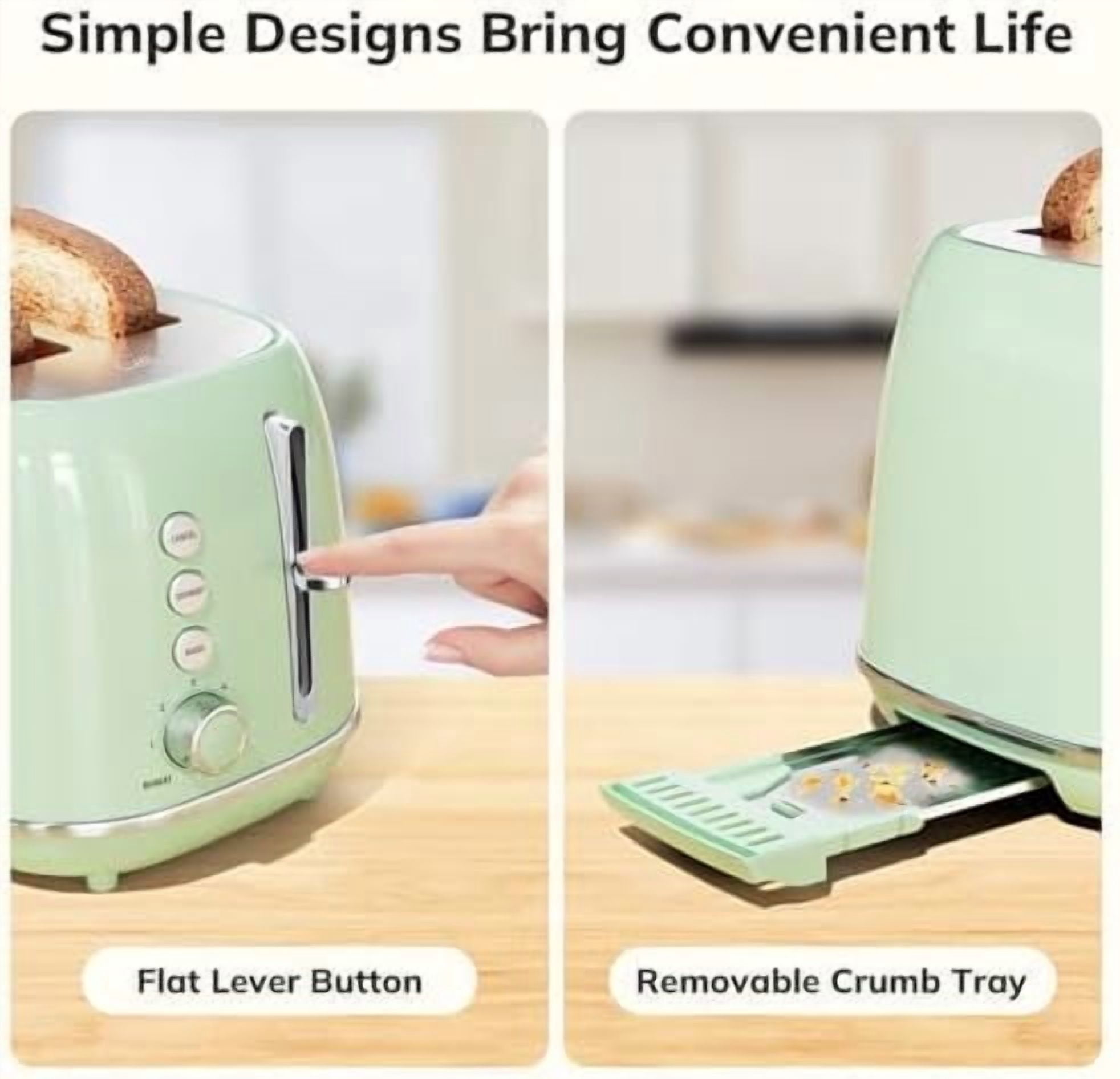 2 Slice Stainless Steel Toaster Retro with 6 Bread Shade Settings, Bagel, Cancel, Defrost Function, Extra Wide Slot, Removable Crumb Tray Green