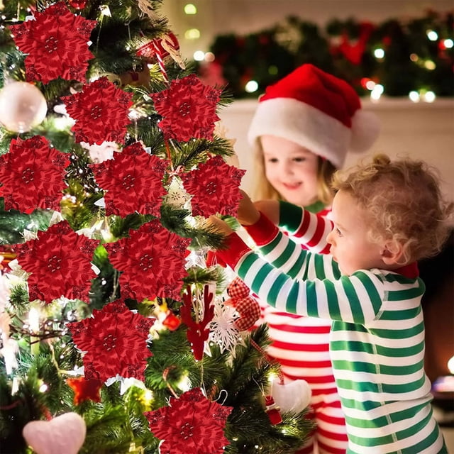 Flores artificiales de seda con tallos para decorar coronas de árbol | Adornos de flor de Pascua con purpurina para fiestas navideñas | Decoración festiva de Año Nuevo