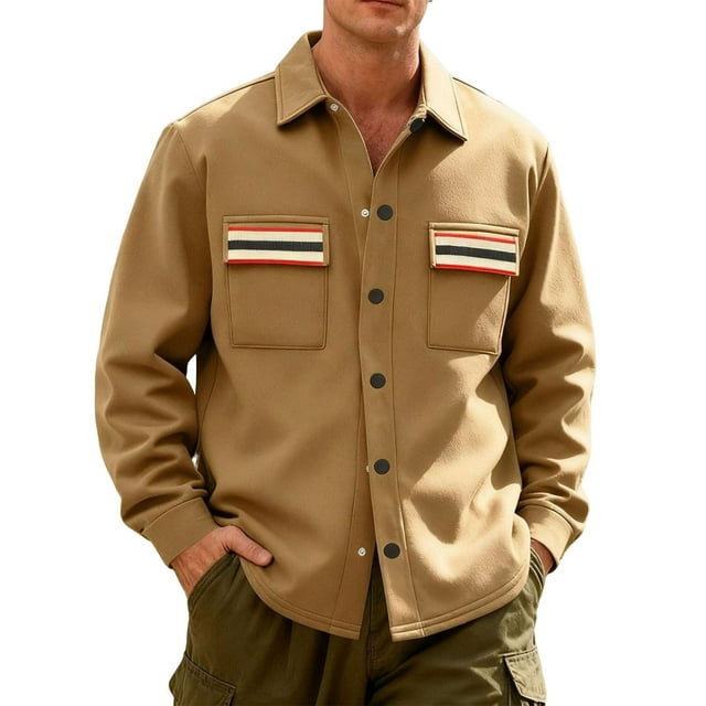 Lovzfmll Men's Workwear Jacket Color Block Pockets Notched Lapel Button Up Fleece Lined Khaki, L