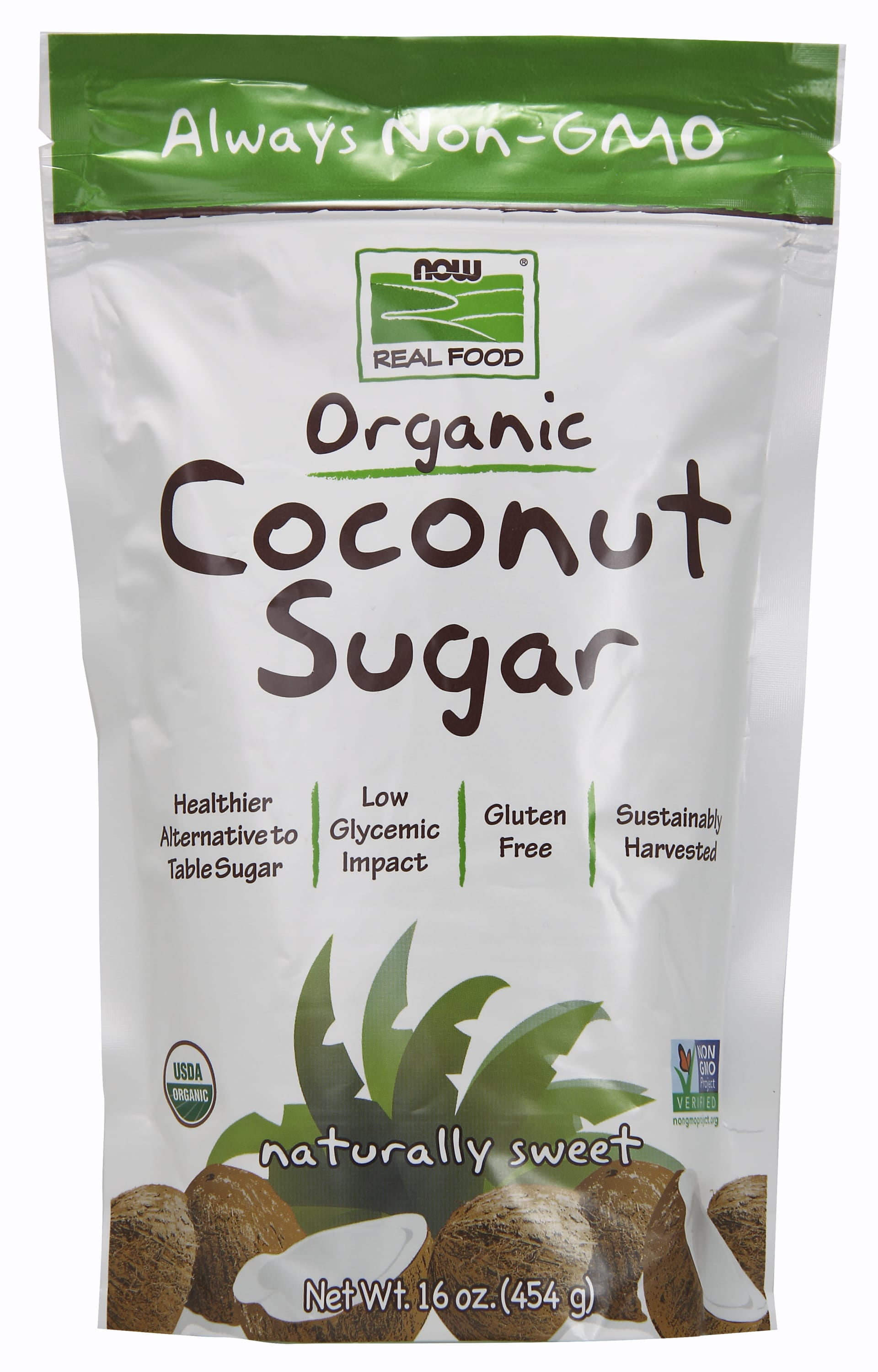 NOW Foods, Certified Organic Coconut Sugar, Alternative to Table Sugar, Low Glycemic Impact, from Sustainably Harvested Coconuts, Certified Non-GMO, 16-Ounce (Packaging May Vary)