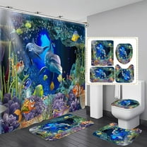Oceanic Shower Curtain Sets 4-Piece Waterproof Polyester 72x72 Inch, Marine Life Motif with Non-Slip Bath Mat & Toilet Cover, Includes 12 Hooks