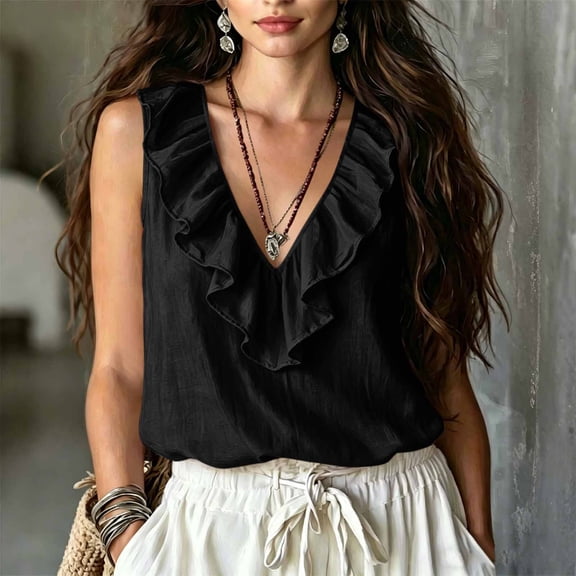 Mifsaly Womens Ruffle V Neck Tank Tops Flowy Pleated Sleeveless Summer Blouses Loose Fit Lightweight Elegant Dressy Vest Black,XXL