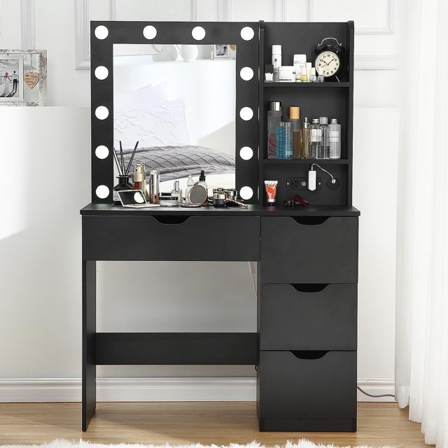 EDTara Vanity Desk with Mirror and Lights, 35” Makeup Table with 4 Storage Drawers, Built-in Power Strip & USB, 3-Color LED Lighting