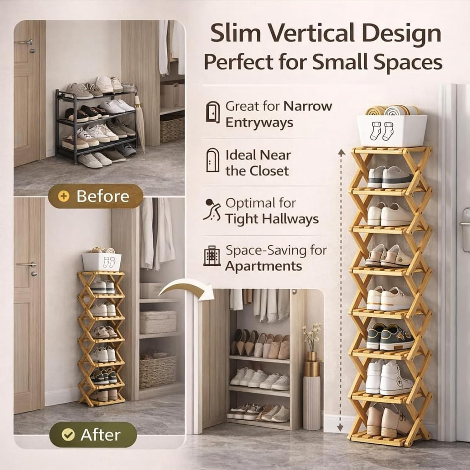 Bamboo Shoe Storage Rack – Foldable Shoe Rack for Small Spaces, Narrow Shoe Shelf for Entryway, Closet and Bedroom