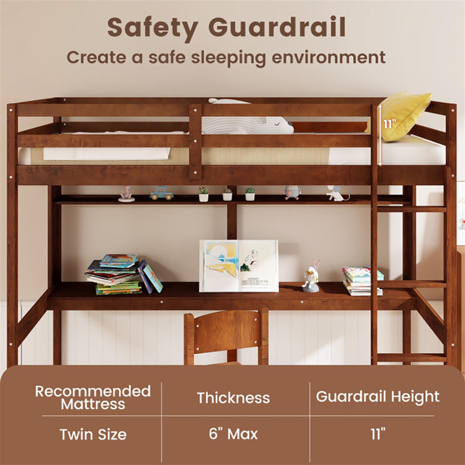 Demi Bonn Loft Bed Twin Size, Solid Wood Low Loft Bed with Guard Rail and Ladder, Modern Wooden Loft Bunk Bed Frame, Brown