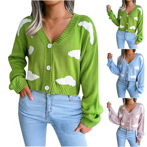 Yxbdin Knitted Cardigan Sweaters for Women Trendy Cloud Print Cropped Cardigans Classic Long Sleeve Sweater Tops Fall Winter Fashion Clothing