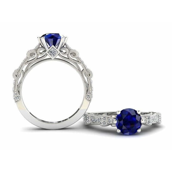 HeartsAndYou 1.5ct Natural Round Sapphire Diamond Ring Stylish Filigree 14k SOLID White Gold