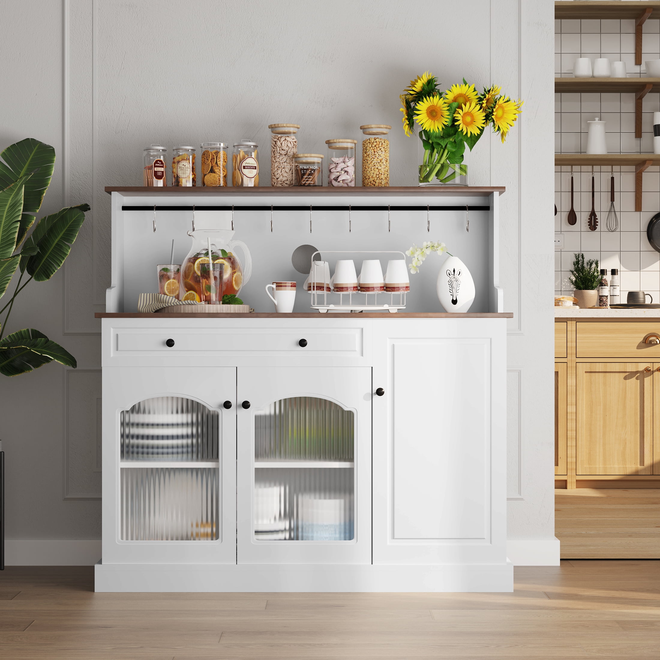 HLR 48" Modern Wood Kitchen Pantry Cabinet, Coffee Bar with Drawer & Microwave Stand, Dining Room, White