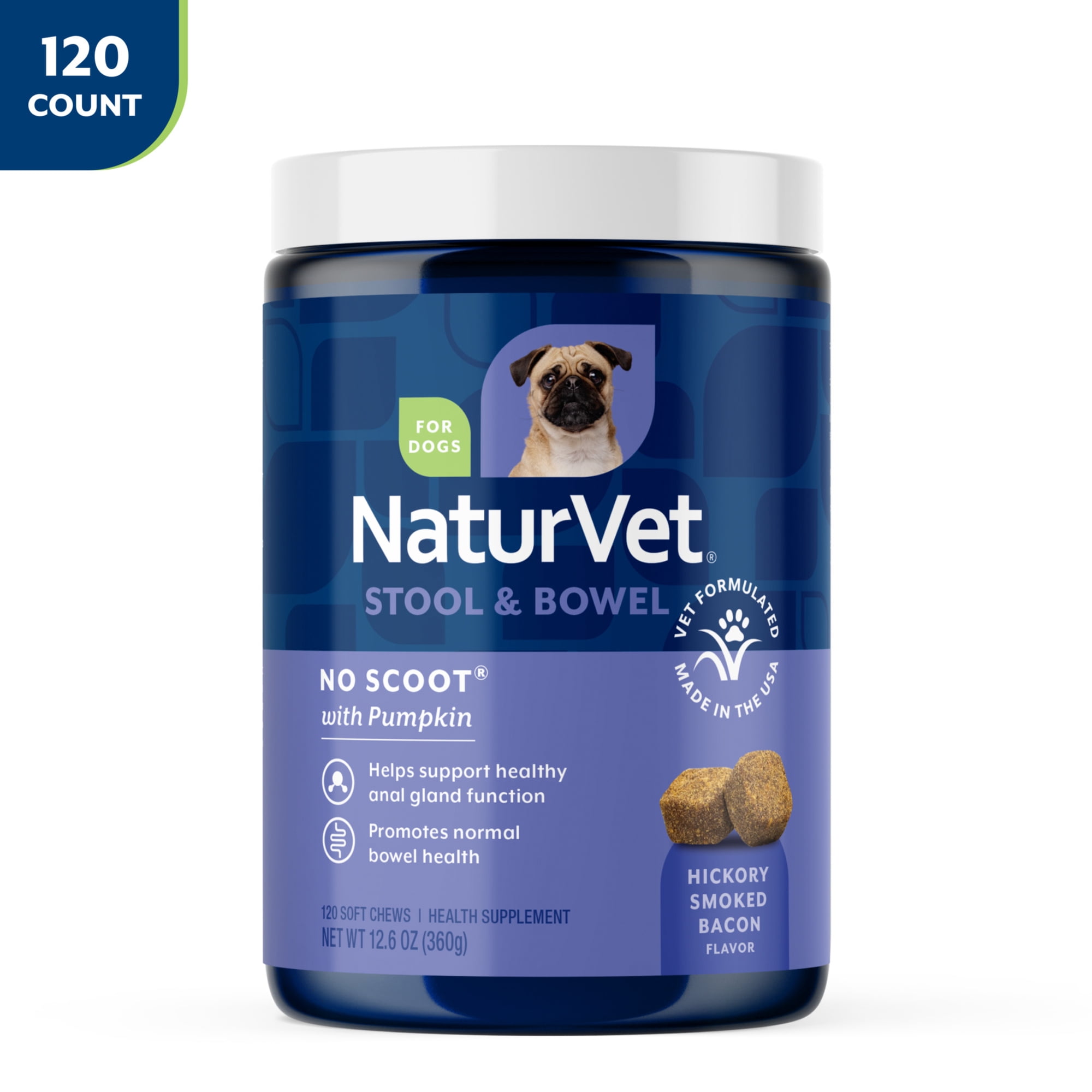 NaturVet No Scoot Stool & Bowel Supplement for Dogs, Hickory Smoked Bacon Flavor, 120 Count