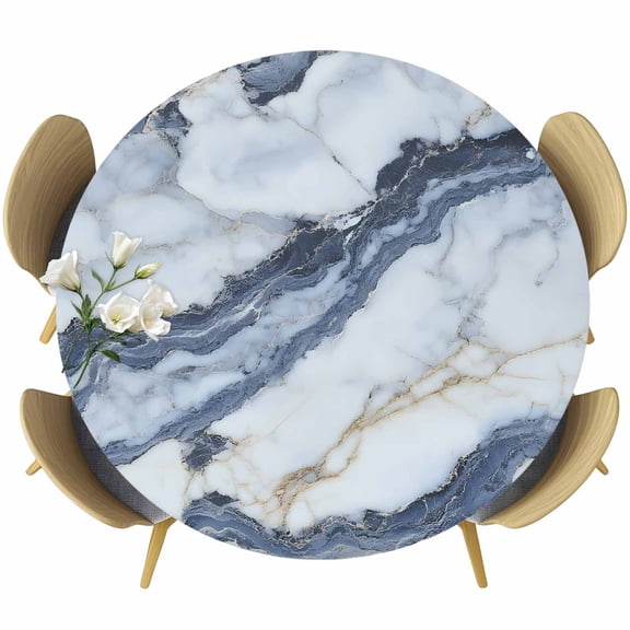 Grey Gold Marble Round Tablecloth 55-60 Inch Round Fitted Table Cloth with Elastic Edge, Modern Marble Geometric Waterproof Table Cover Protector for Outdoor Picnic Party Dining