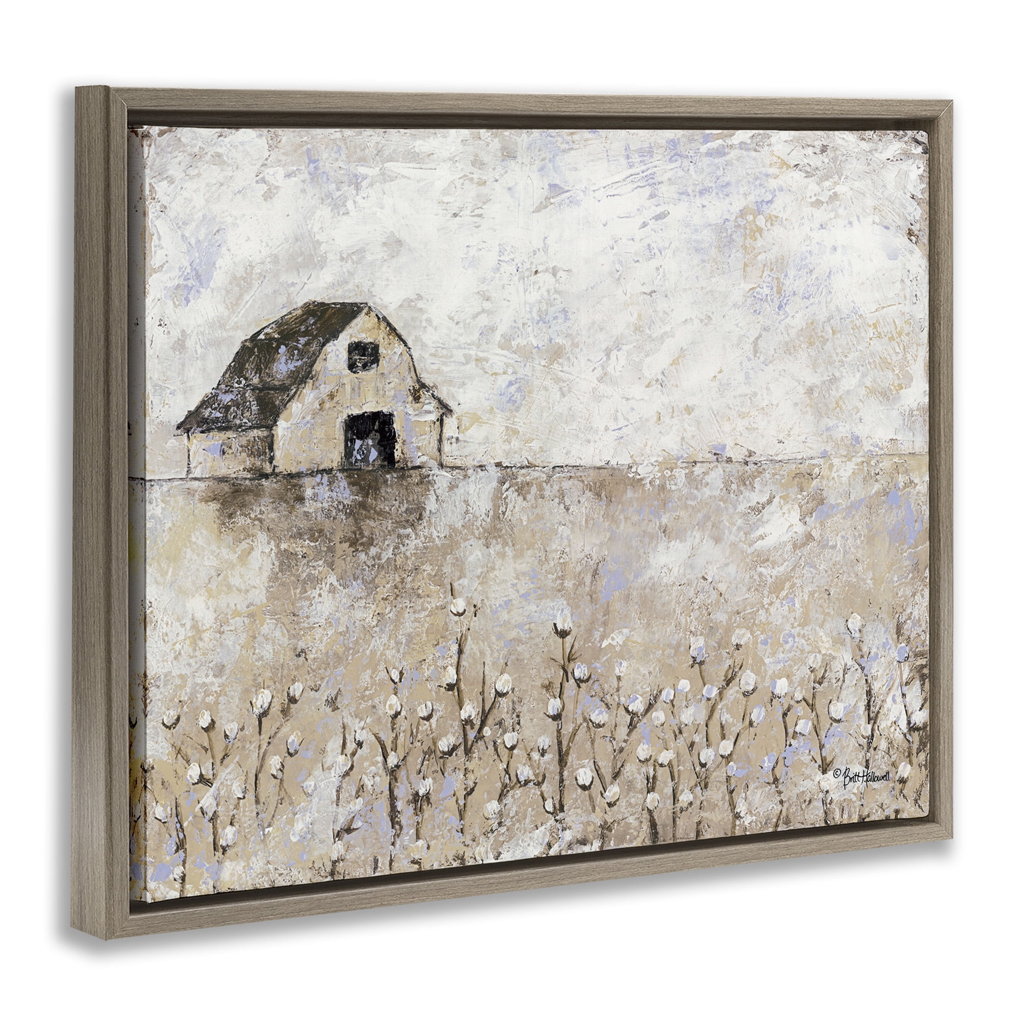 Stupell Industries White Barn Distressed Landscape Botanical & Floral Painting Brown Floater Framed Canvas Art Print Wall Art, 31 x 25