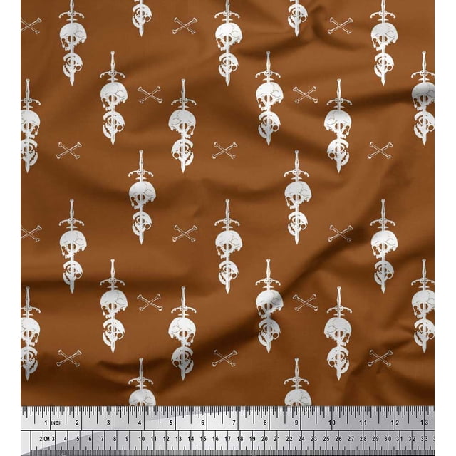 Soimoi Polyester Crepe Fabric Sword,Crossbone & Skull Halloween Decor Fabric Printed Yard 42 Inch Wide
