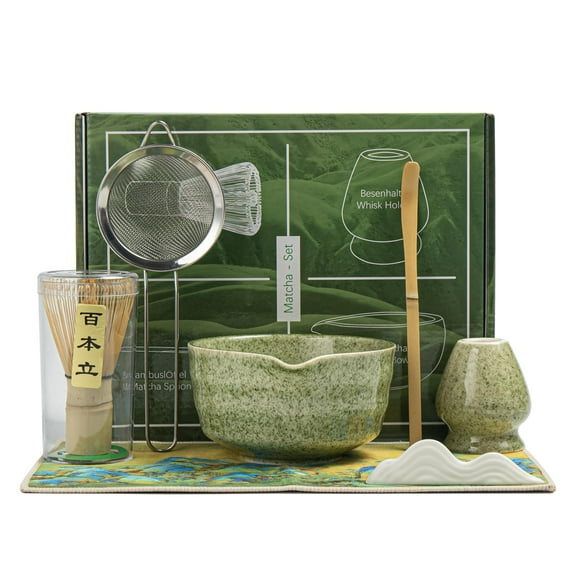 Matcha Tea Set,7-Piece Bamboo Whisk Kit with Spouted Ceramic Bowl, Chasen, Holder, Sifter & Scoop