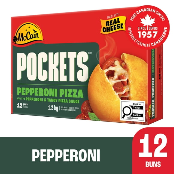 McCain® Pizza Pockets® Pepperoni, Made in Canada from domestic and imported ingredients, 12 x 100g