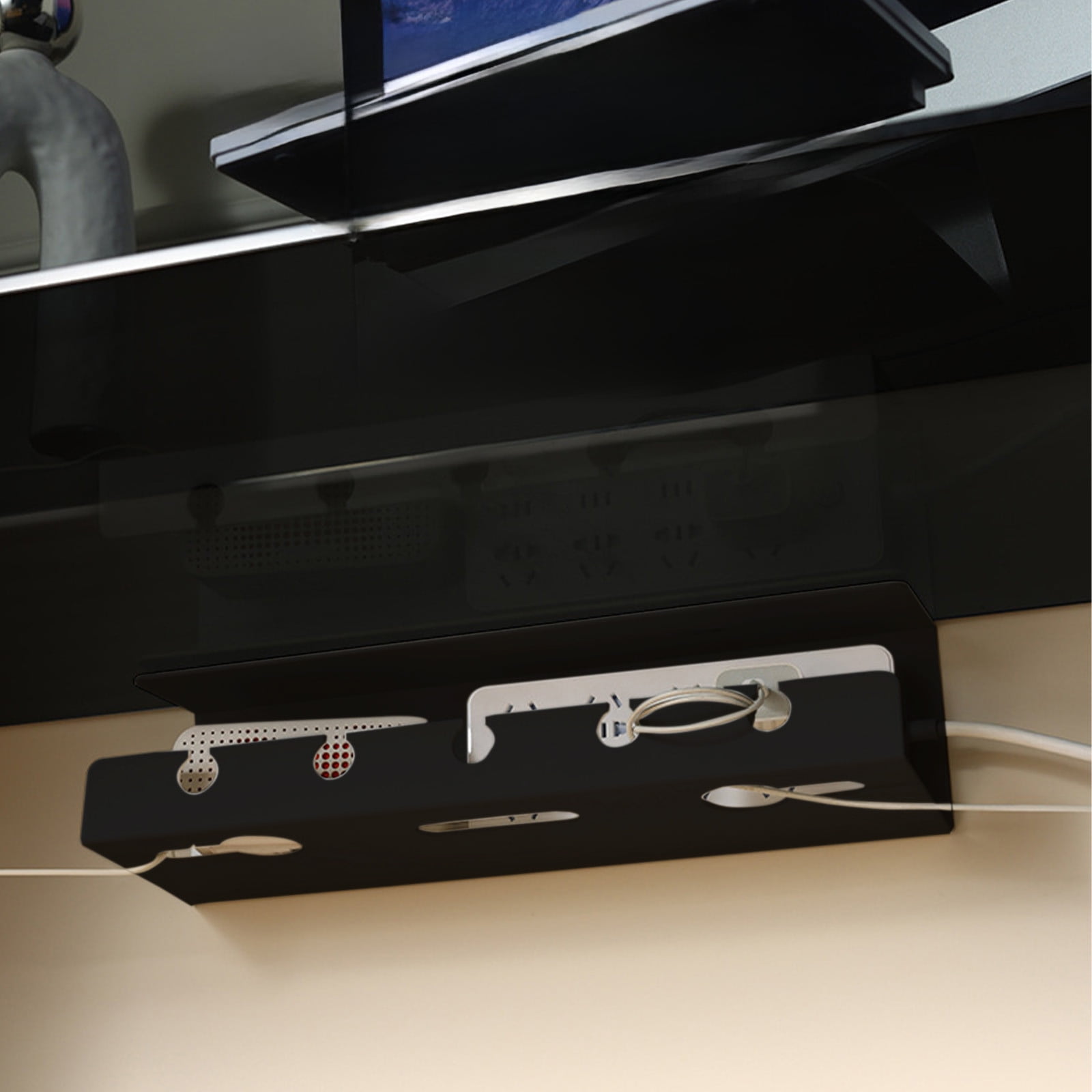 JoyHoop Under-Desk Cable Management Rack with Adhesive Backing and Screws, Plastic Organizer for Computer Desk Storage, Black, 15.74 x 4.72 x 3.93 Inches