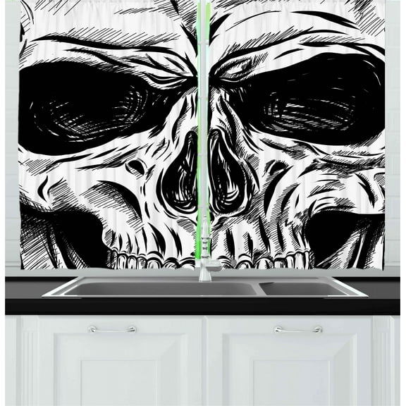Ambesonne Skull Kitchen Curtains, Gothic Sketch Evil Face, 55"x39", Black White