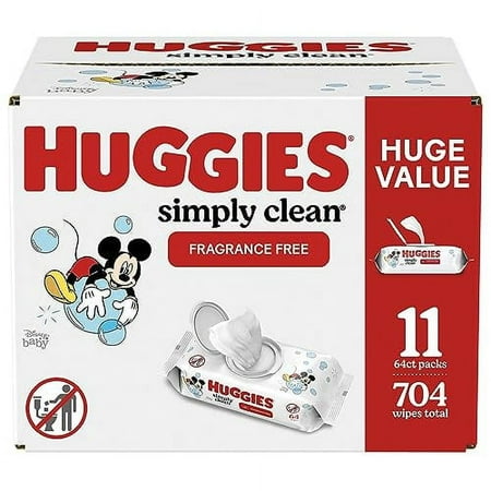 Huggies Simply Clean Fragrance-Free Baby Wipes, 64 Count (Pack of 11) (704 Wipes Total)