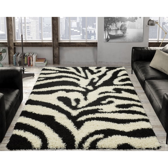 Ottomanson Shag Zebra Animal Print Area Rug, Ivory/Black, 3'3" x 4'7"