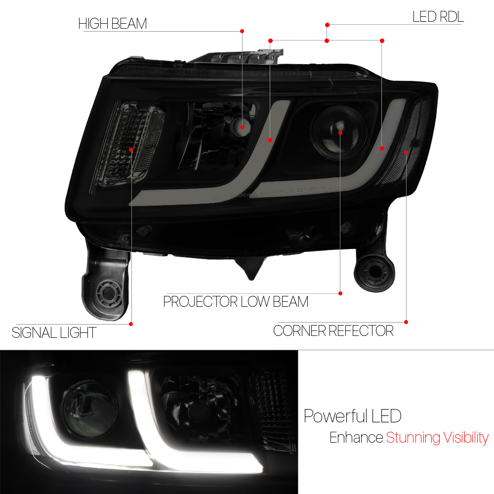 Black/Smoke *Dual LED DRL BAR* Projector Headlight 14-16 Jeep