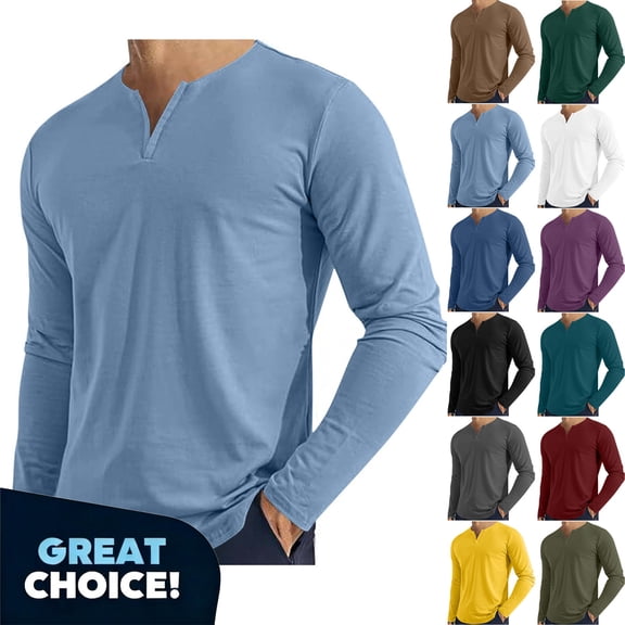 YODETEY Men’s Lightweight Henley T-Shirt with Long Sleeve,Mens Casual Fit Basic Pullover T-Shirt,Big and Tall Blue,Size XXL