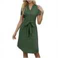 thumbnail image 5 of RYDCOT Womens Dresses Summer Ladies Fashion Casual Short Sleeve Solid Color V-Neck Solid Color Shirt Dress with Belt Midi Dresses on Clearance Green, 5 of 9