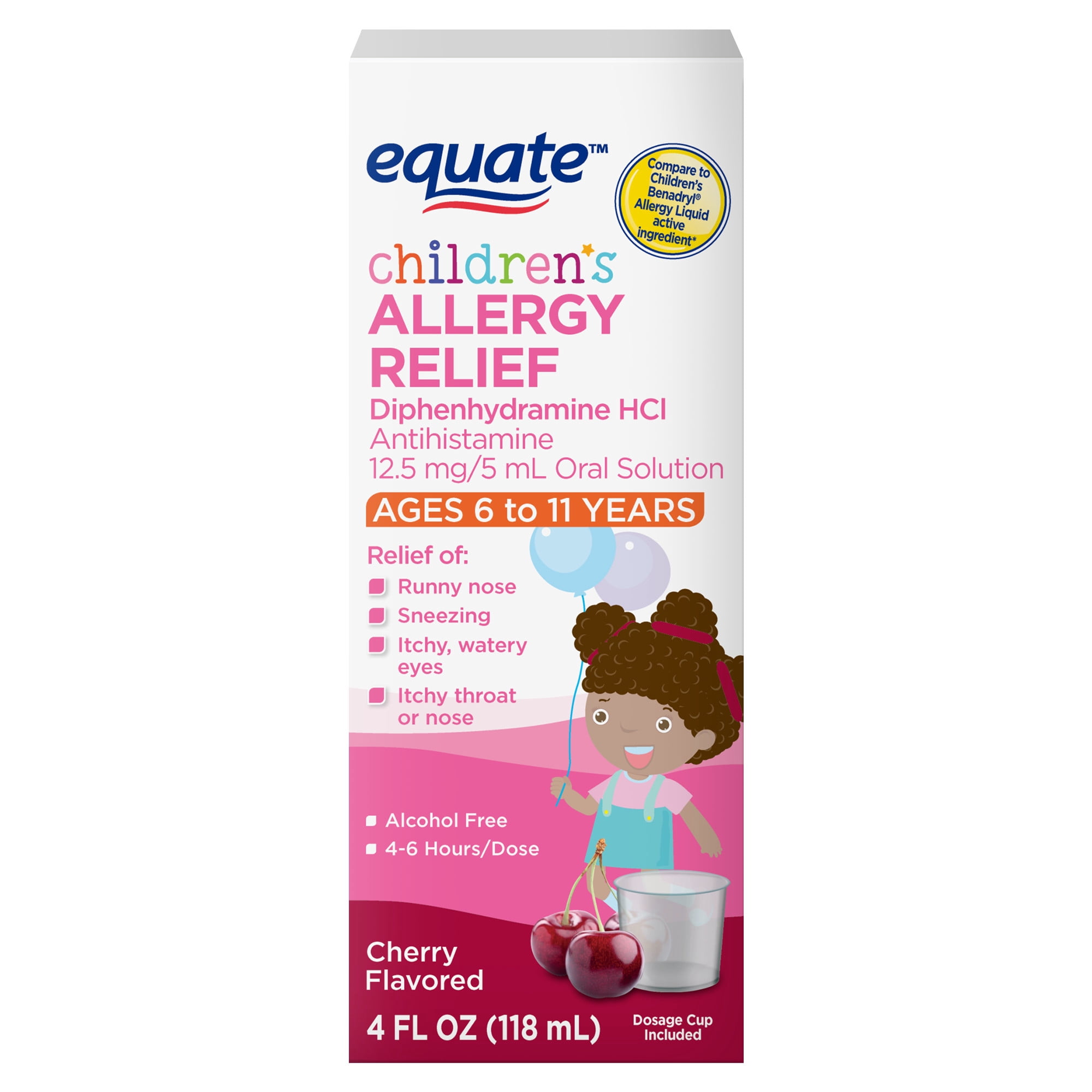 Equate Children's Allergy Relief Diphenhydramine HCl Antihistamine Oral Solution, Cherry Flavor, 12.5 mg, 4 fl oz