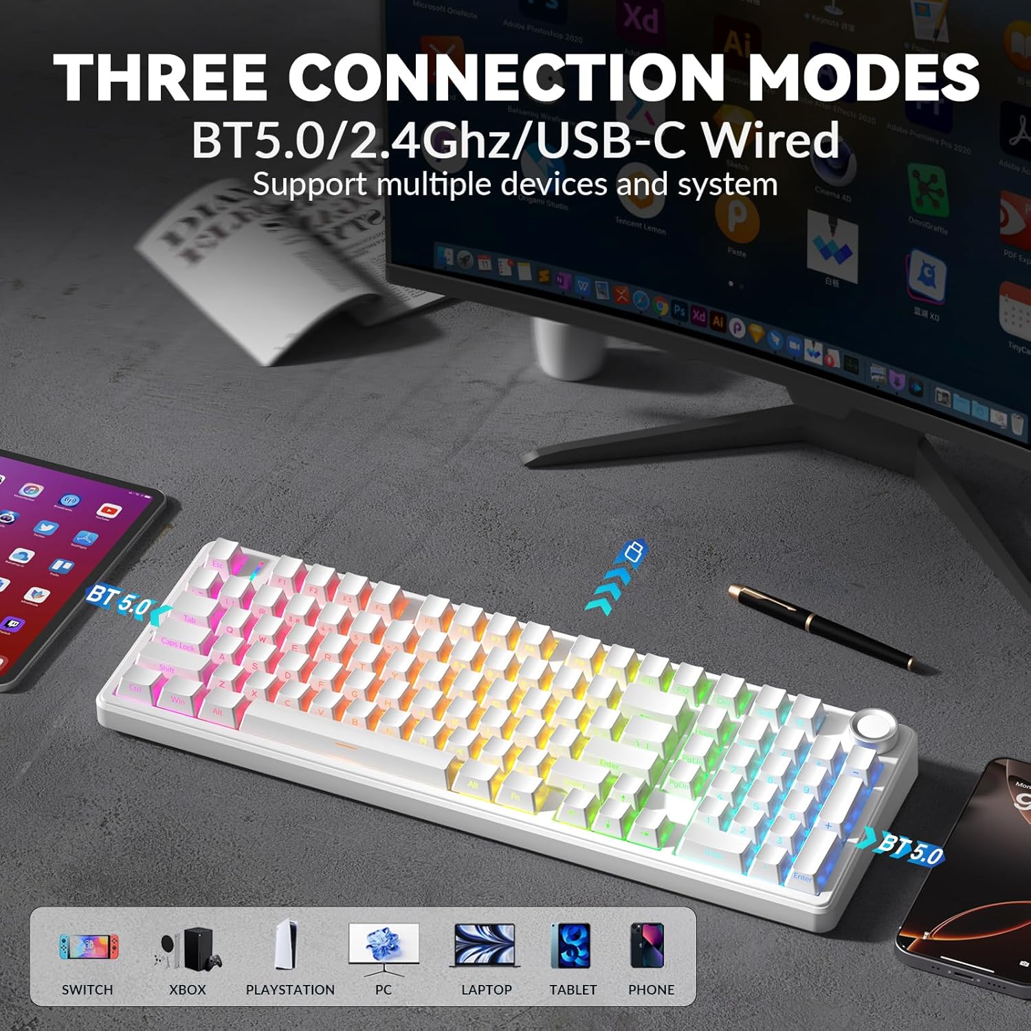 Restored AULA F99 Pro Wireless Mechanical Keyboard-Silent Version,BT5.0/2.4GHz/USB-C Hot Swappable Custom Keyboard,Gasket Structure,Pre-lubed Linear Switches RGB Backlit Computer Gaming Keyboards (Refurbished)