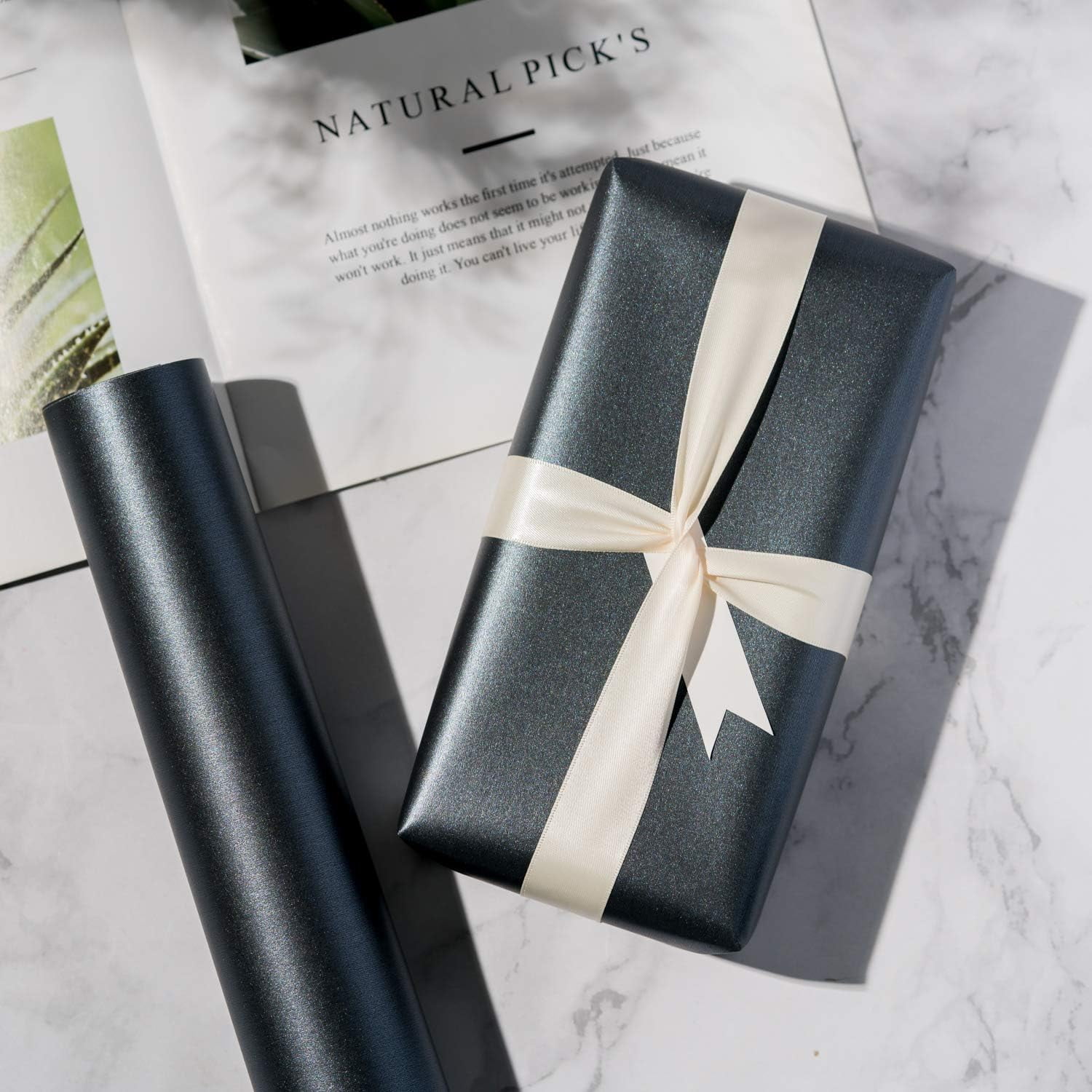 PrimeCook Shop Black Matte Wrapping Paper - Solid Color Pearly - lustre Paper Perfect for Wedding, Birthday, Christmas, Baby Shower -17 Inches X 32.8 Feet