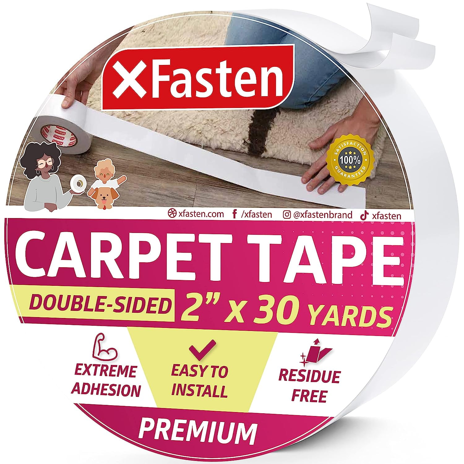 XFasten Double Sided Carpet Tape Heavy Duty 2” x 30 yds ResidueFree