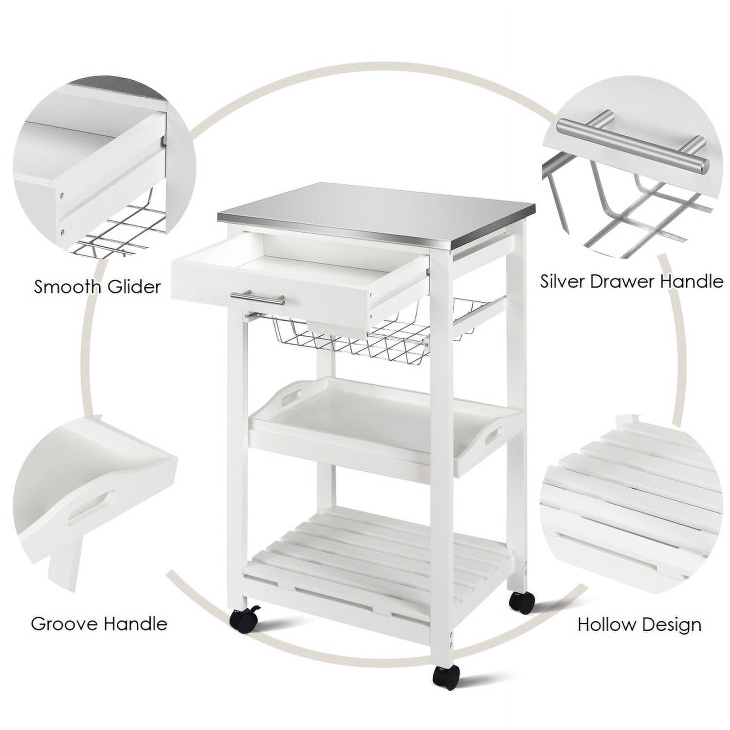 Finihen Rolling Cart, Kitchen Island Cart, Kitchen Island Cart with Stainless Steel Tabletop and Basket, for Kitchen, Dining Room, White Finihen Rolling Cart, Kitchen Island Cart, Kitchen Island Cart with Stainless Steel Tabletop and Basket, for Kitchen, Dining Room, White